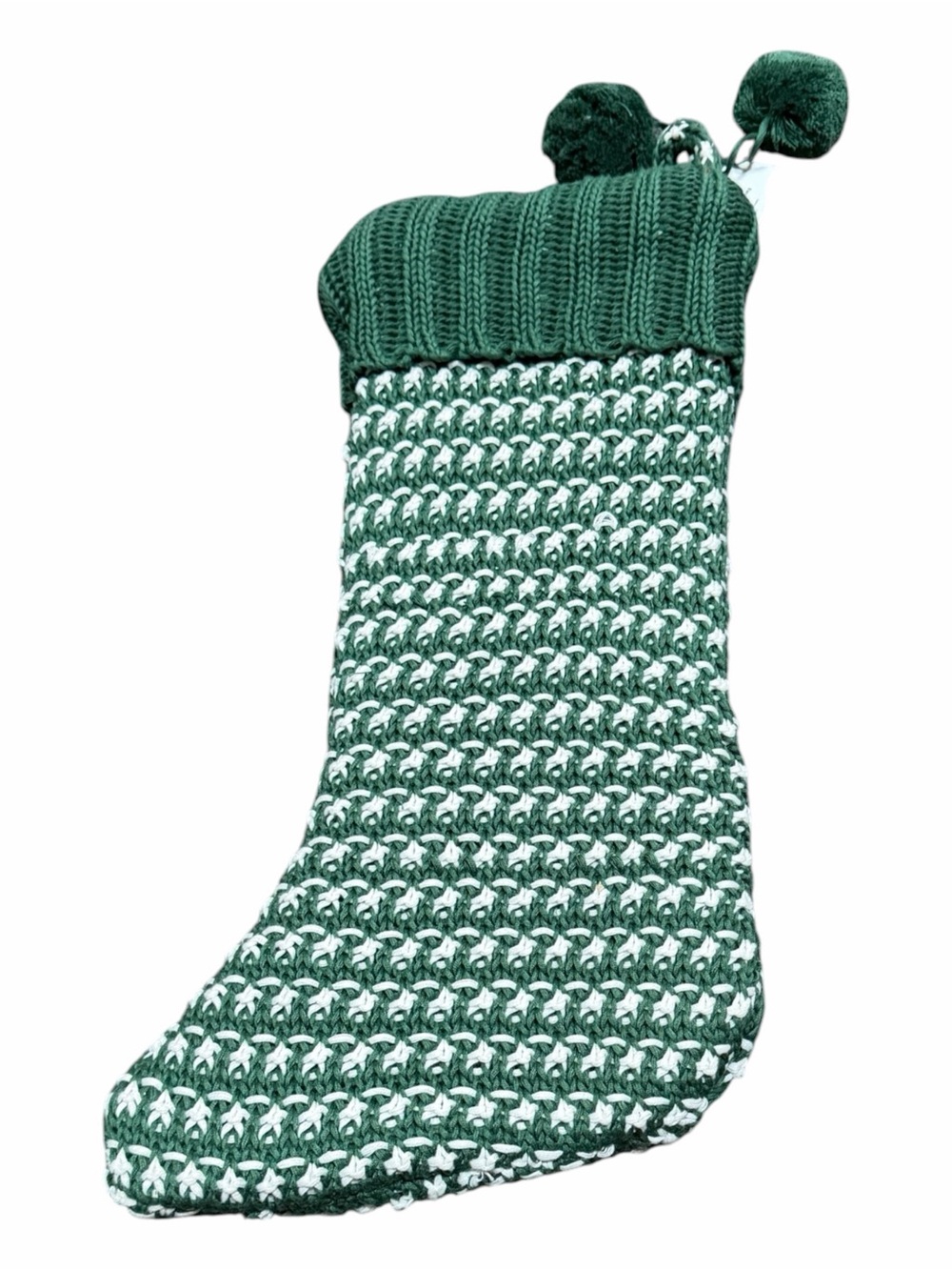 Green and White Knit Christmas Stocking with Pom-Poms - Picture 2 of 2